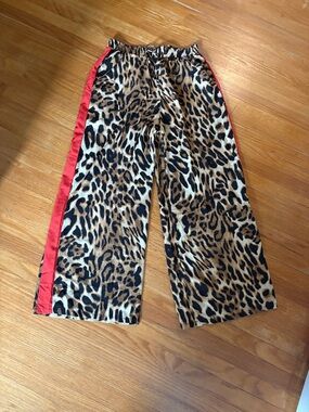 Leopard Print Wide Leg Pants with Red Side Stripe